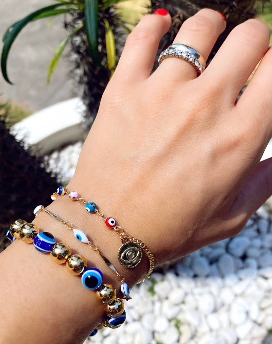 Evil eye fancy bead pull chain bracelet sale